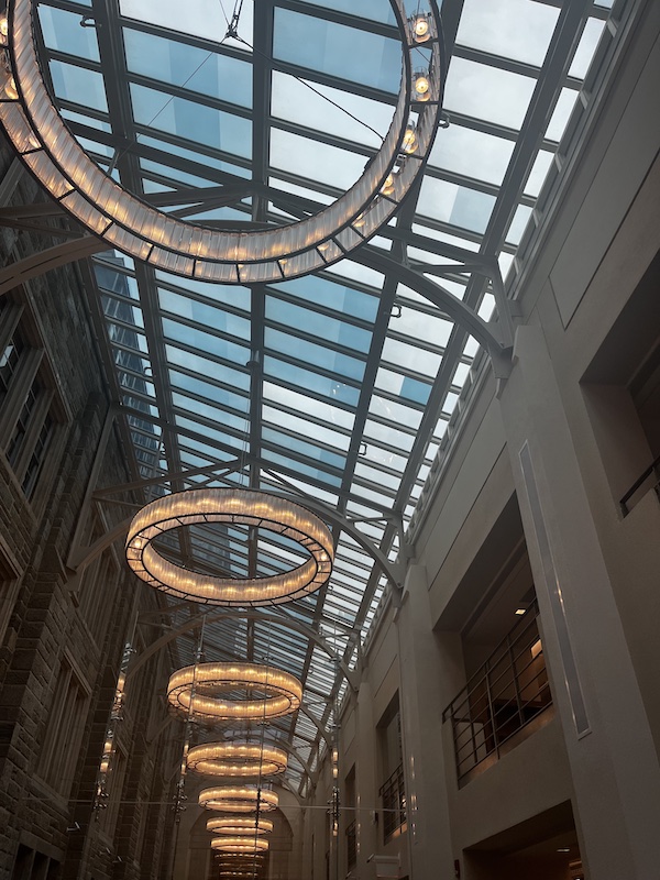 A picture of a ceiling of windows with hanging lights