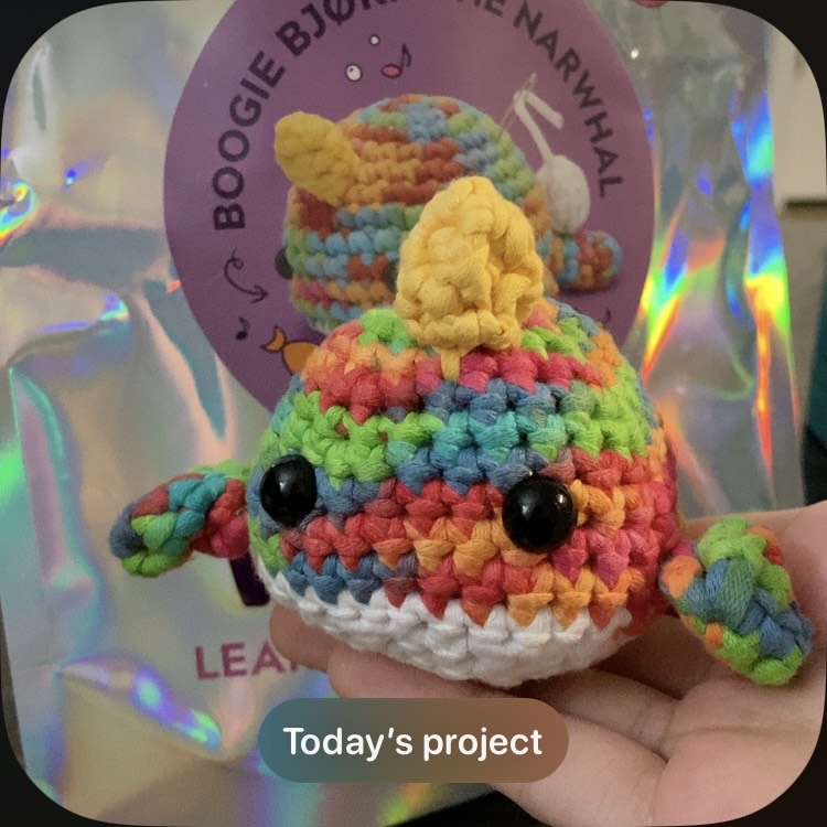 A photo captioned "today's project" with a rainbow crochet narwhal.